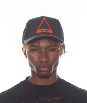 TRIANGLE LOGO MESH TRUCKER CAP IN BLACK /W RED LOGO