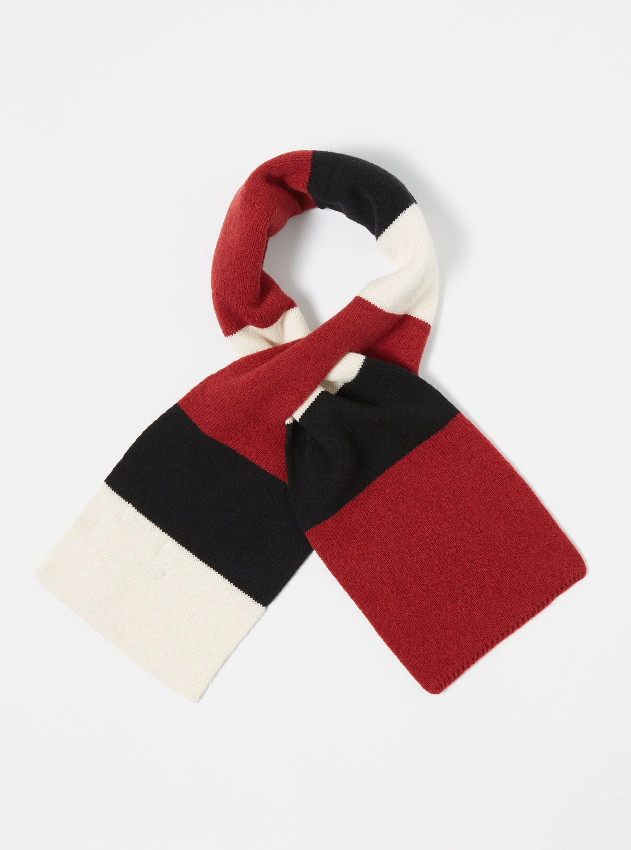 Universal Works Deluxe Football Scarf in Black/Red/Ecru Soft Wool