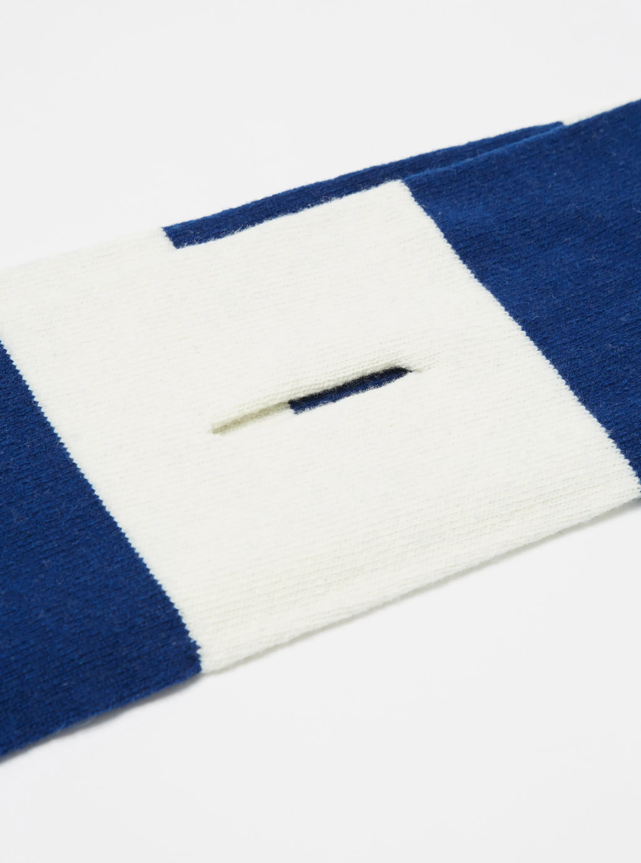 Universal Works Deluxe Football Scarf in Ecru/Blue Soft Wool