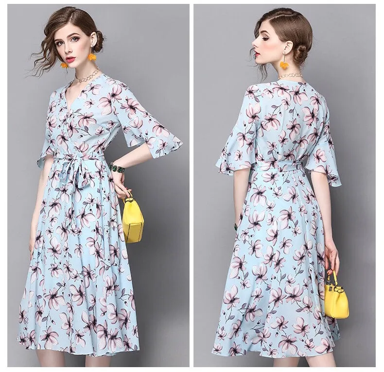 V Neck Floral Chiffon Dress