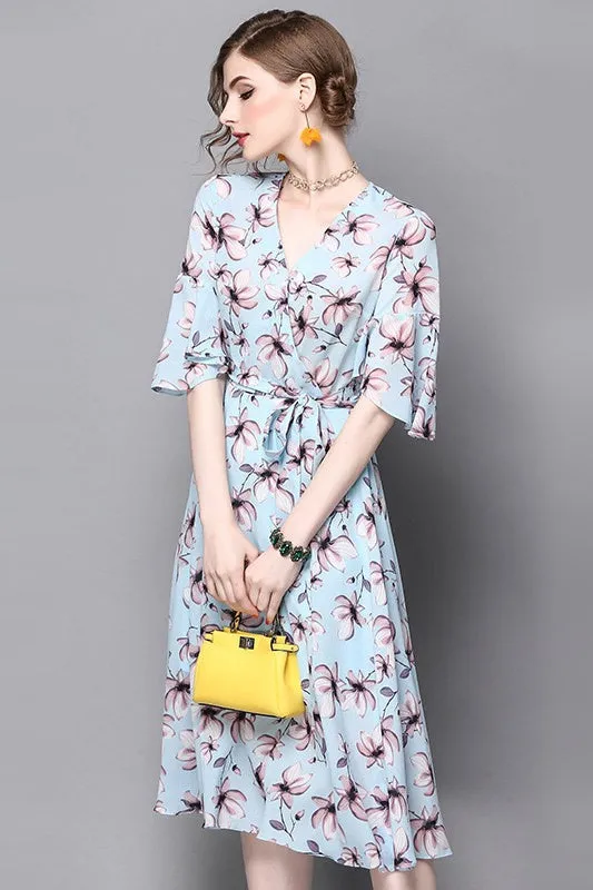 V Neck Floral Chiffon Dress