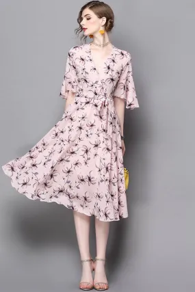 V Neck Floral Chiffon Dress