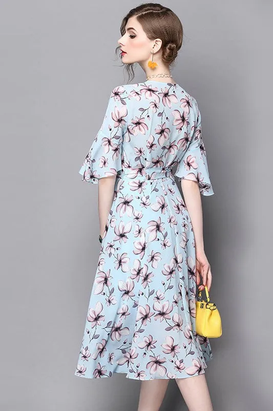 V Neck Floral Chiffon Dress