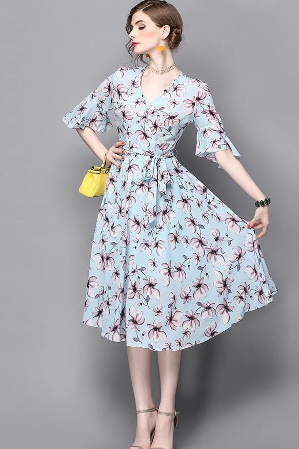 V Neck Floral Chiffon Dress