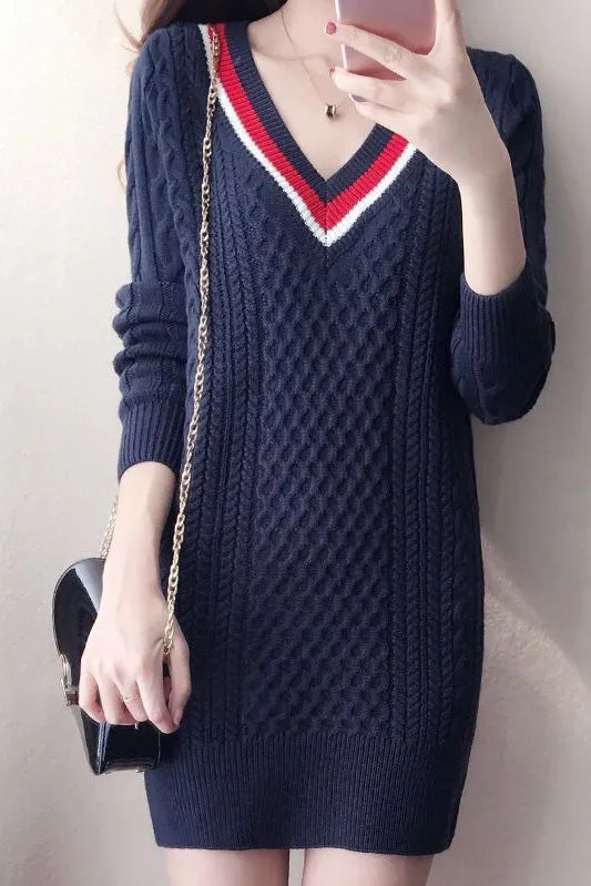 V Neck Knit Mini Dress