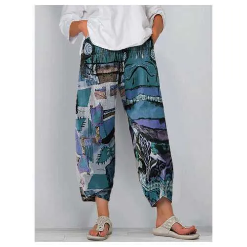 Vintage Printed Split Elastic Waist Pants