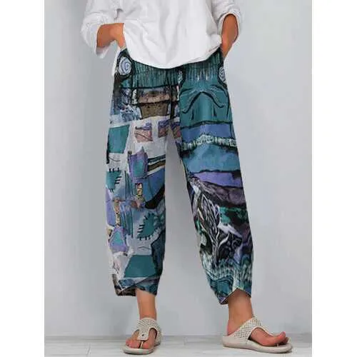 Vintage Printed Split Elastic Waist Pants