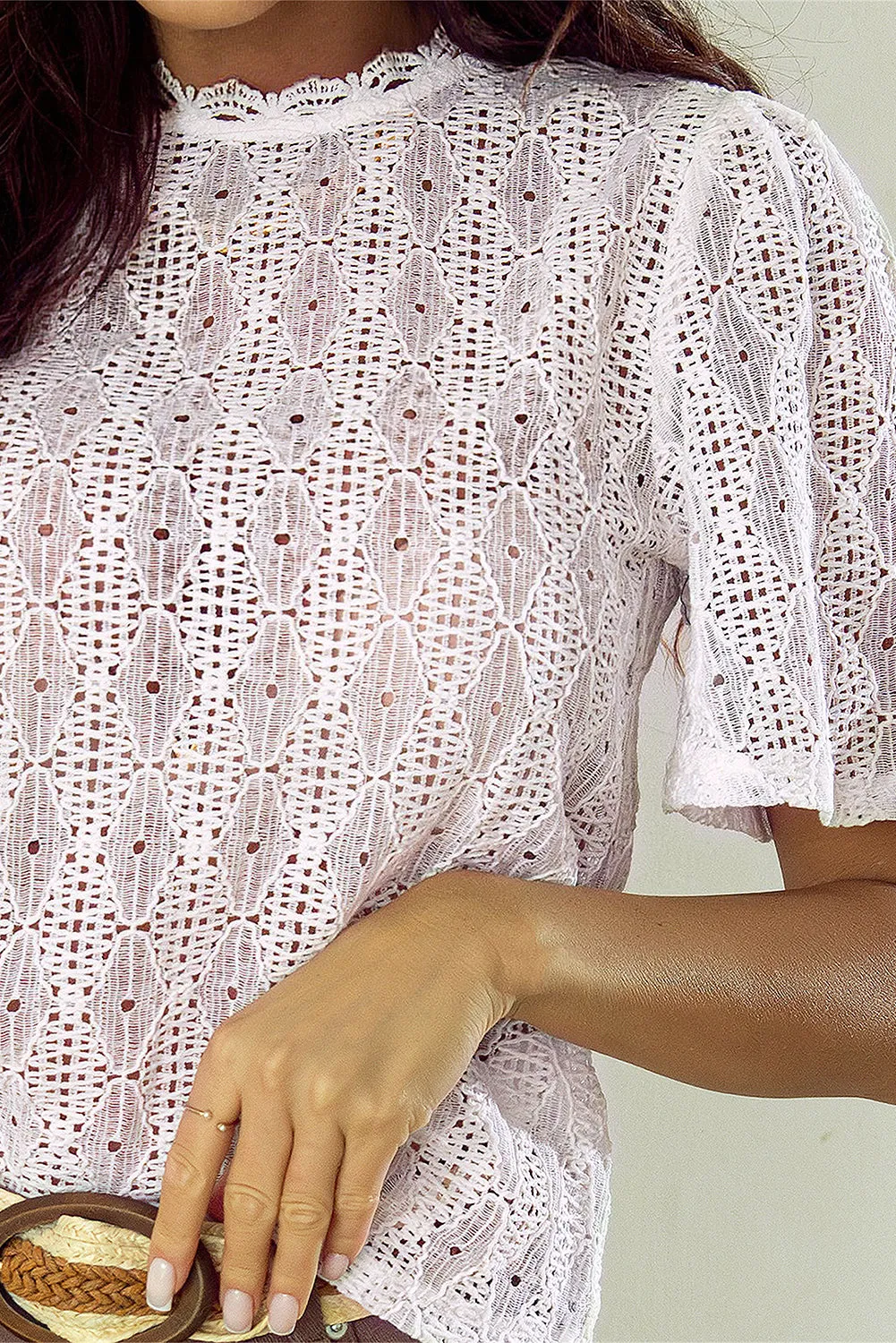 White Short Sleeve Keyhole Back Lace Blouse