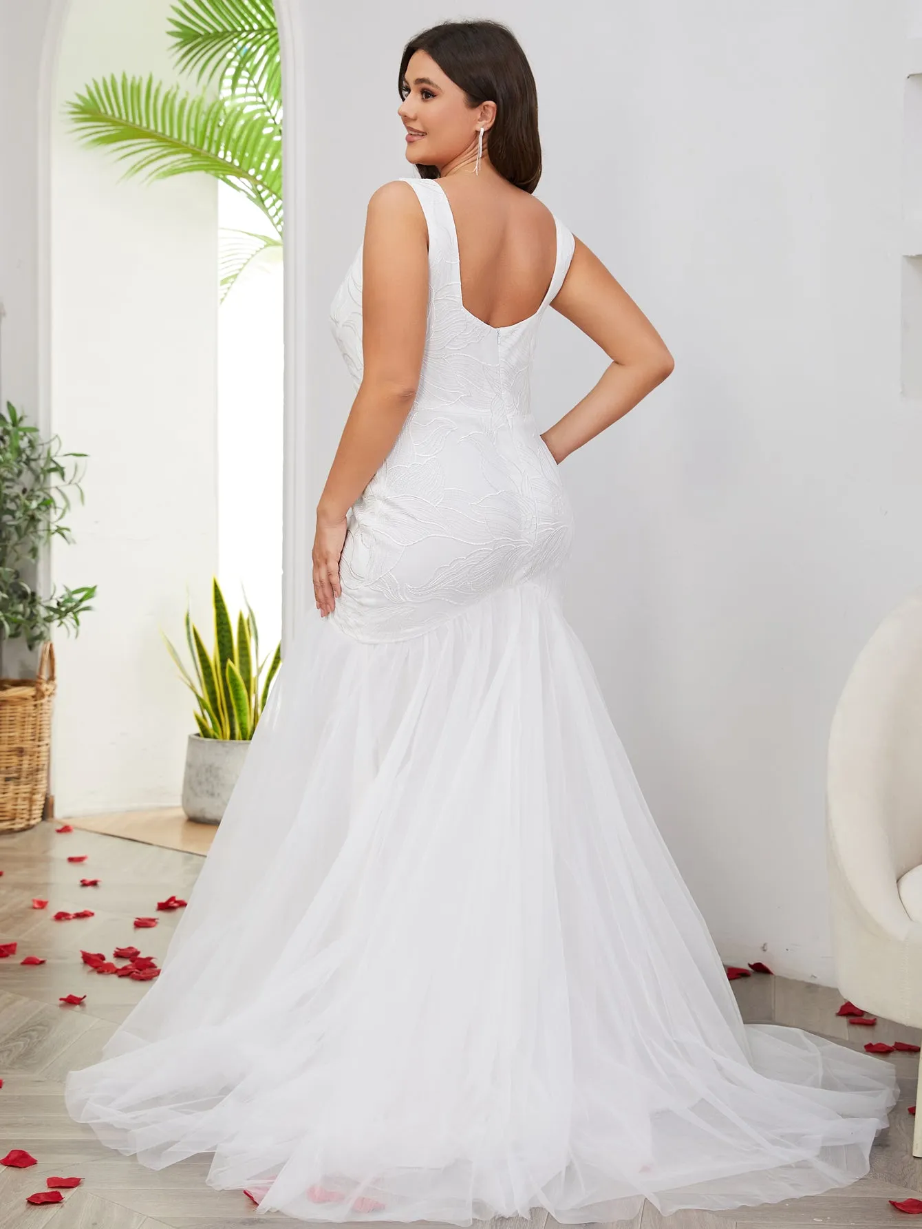 Women Plus Size Floral Lace V-neck Split Thigh Mermaid Wedding Dresses