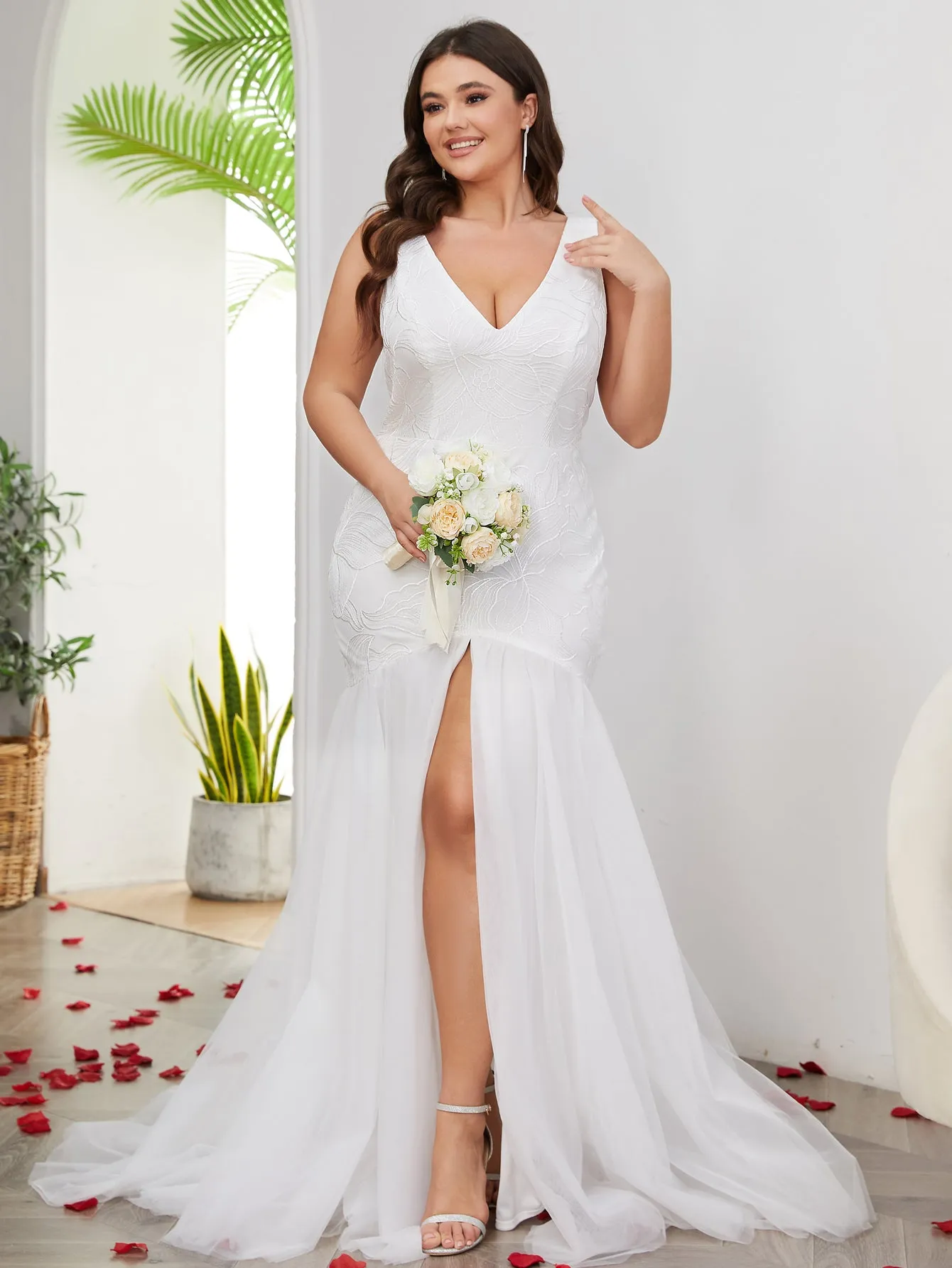 Women Plus Size Floral Lace V-neck Split Thigh Mermaid Wedding Dresses