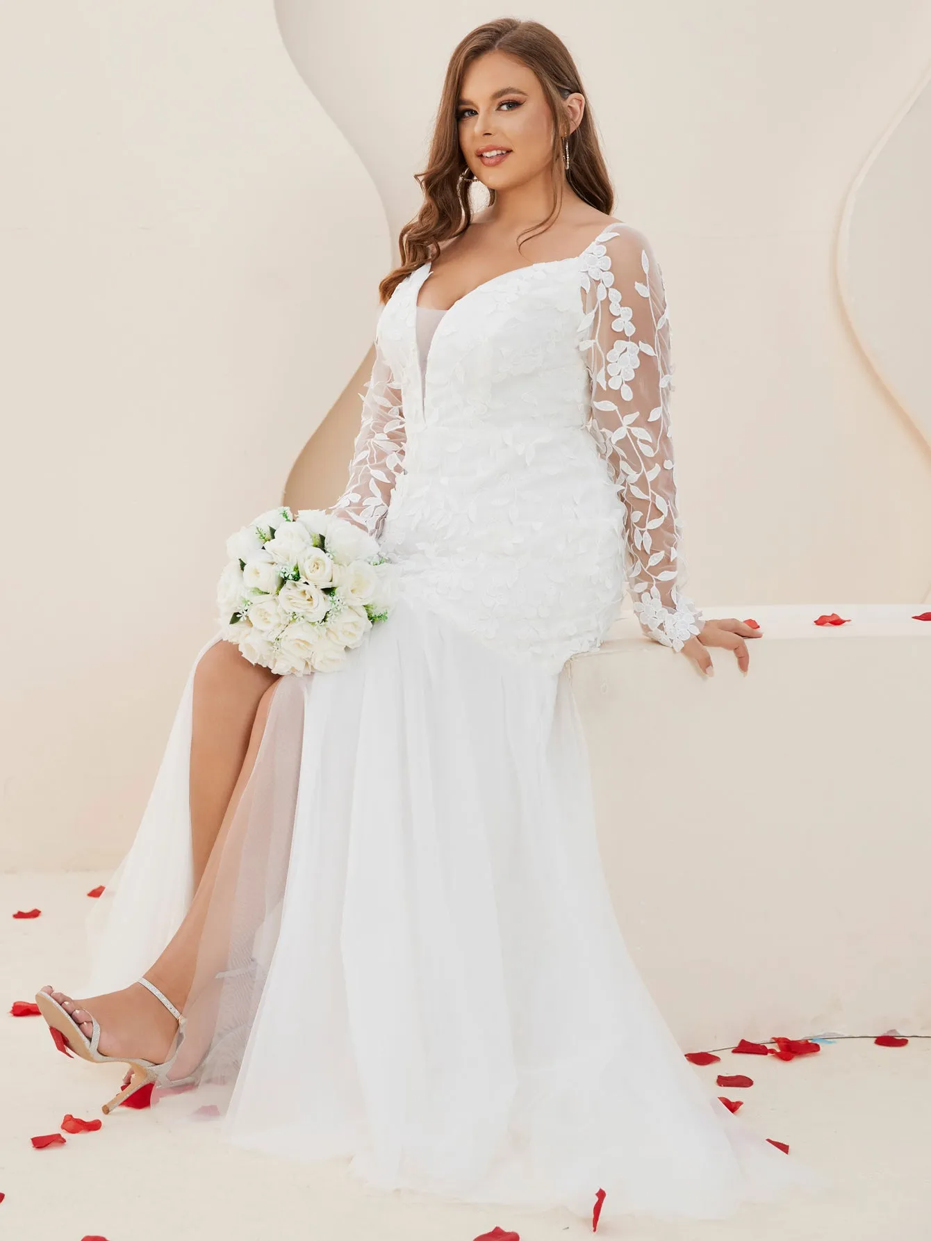 Women Plus Size Floral Leaf Mesh Split Thigh Mermaid Wedding Dresses