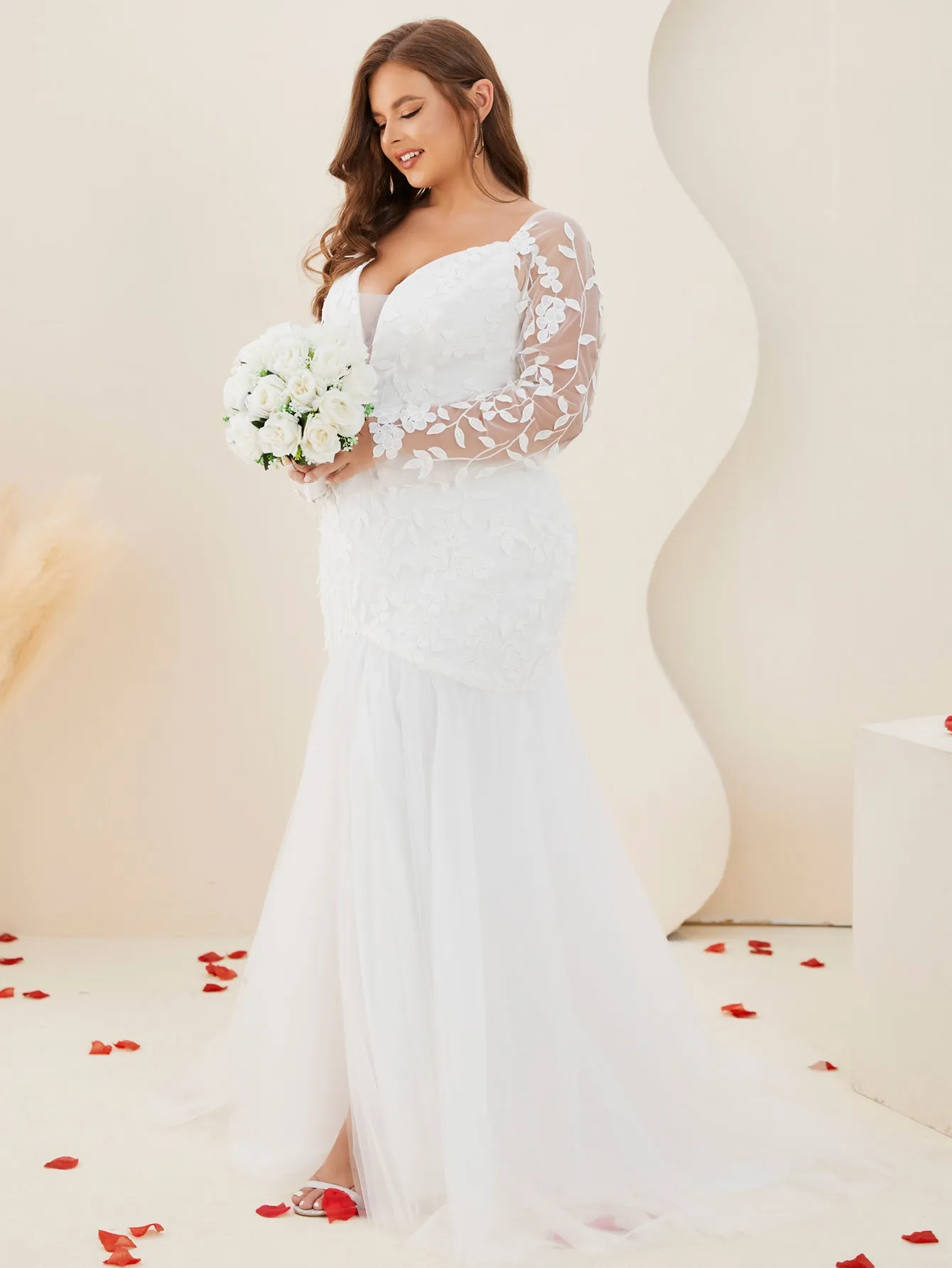 Women Plus Size Floral Leaf Mesh Split Thigh Mermaid Wedding Dresses