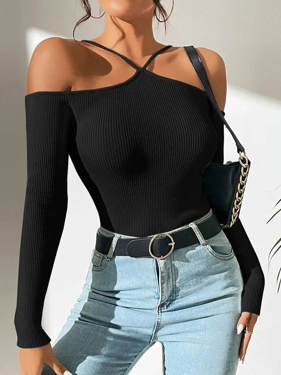 Women Ribbed Knit Cross Top