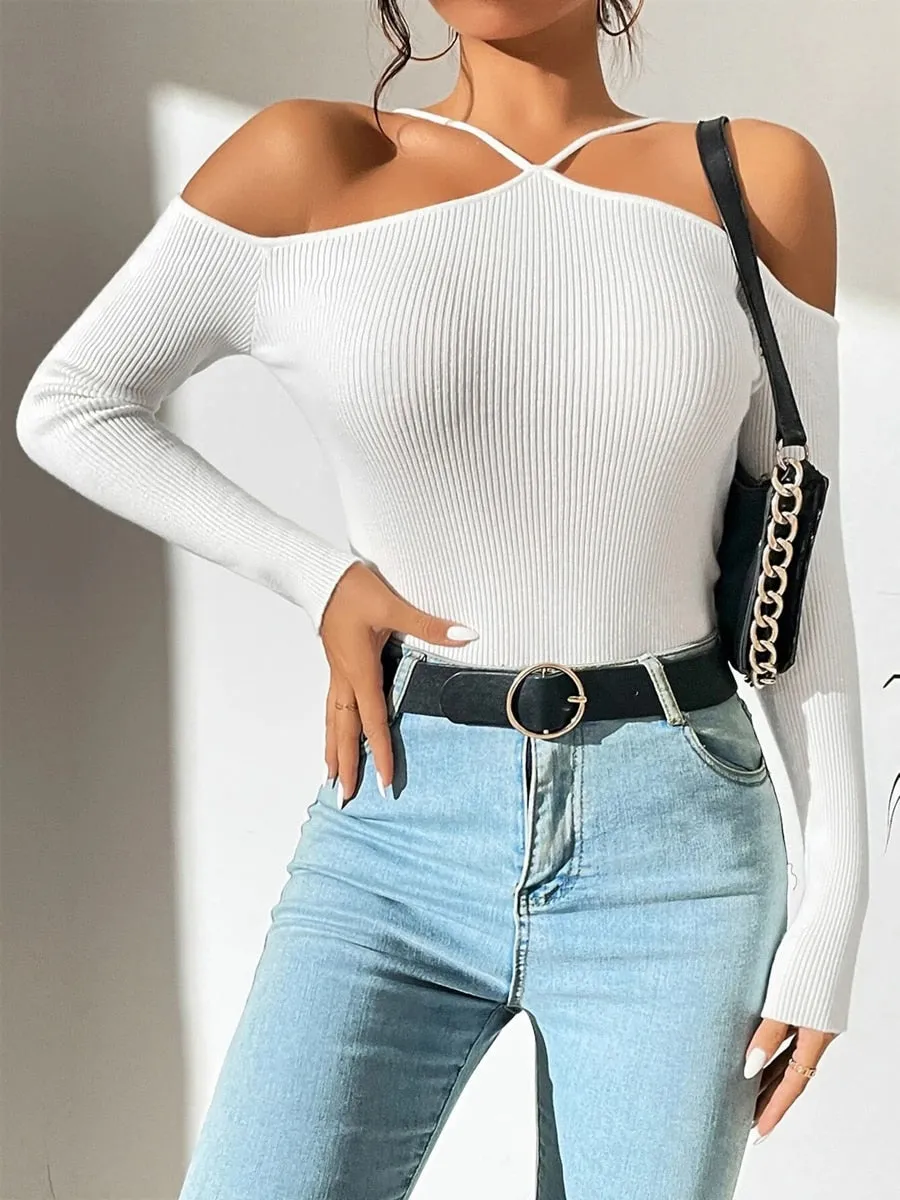 Women Ribbed Knit Cross Top