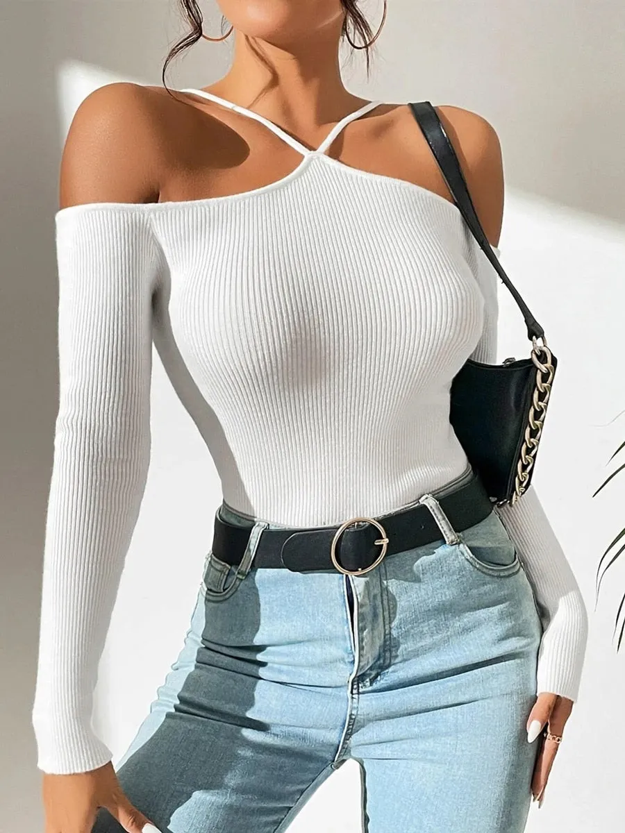 Women Ribbed Knit Cross Top