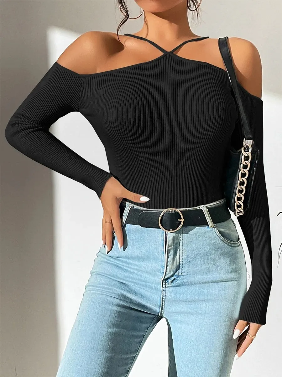 Women Ribbed Knit Cross Top