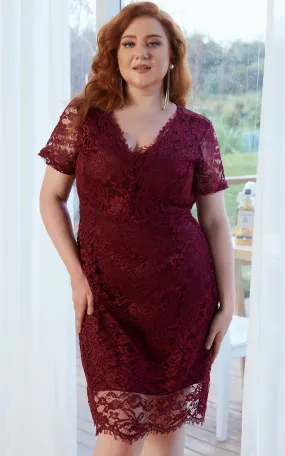 Women Summer Plus Size Burgundy Floral Lace Cocktail Dress for Wedding Guest Party Bridesmaid