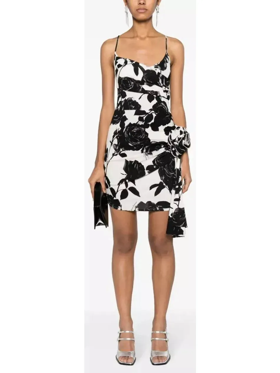 Women’s Black and White Rose-Print Mini Dress with Rose Applique