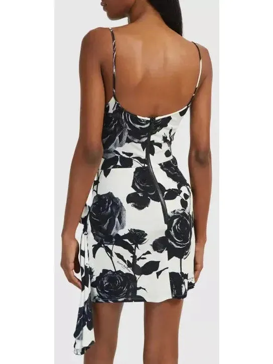 Women’s Black and White Rose-Print Mini Dress with Rose Applique