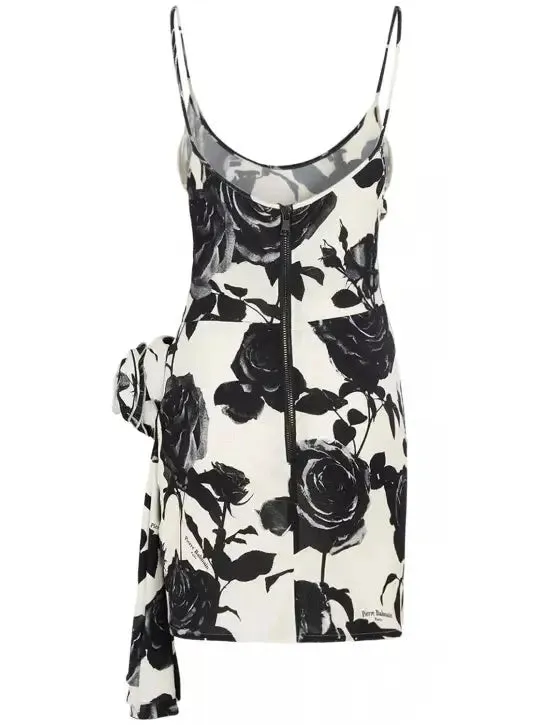 Women’s Black and White Rose-Print Mini Dress with Rose Applique