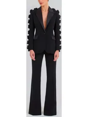 Women’s Black Floral-Applique Embellished Single-Breasted Blazer and High-Waist Pant Suit