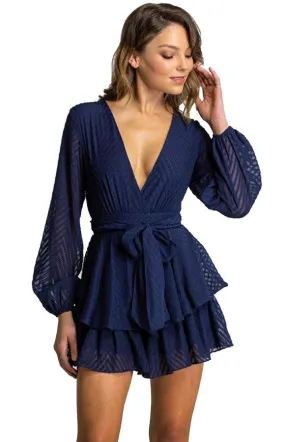 Women's Navy V-Neckline Playsuit with Ruffle Detail