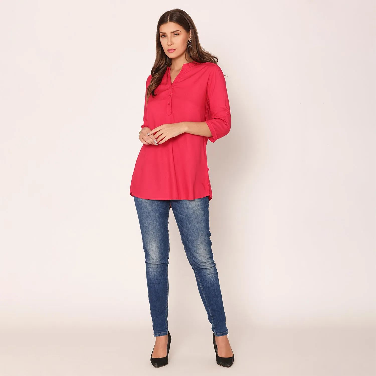 Women's Solid Short Kurti- Fuschia