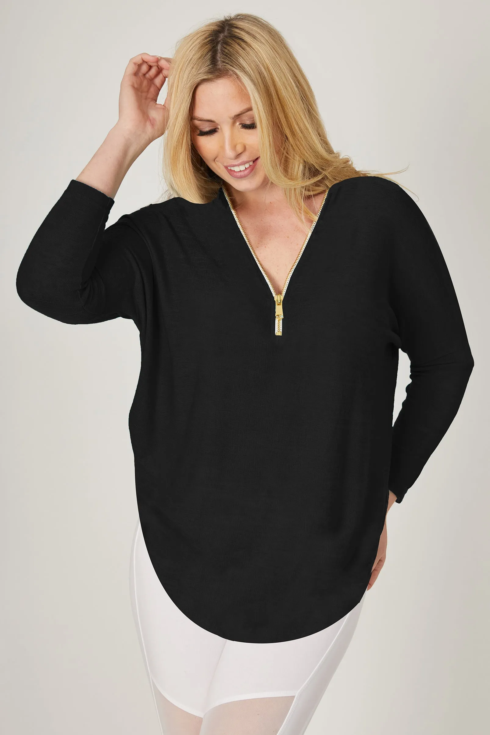 Yoga Long Sleeve Loose Top with Zip Black