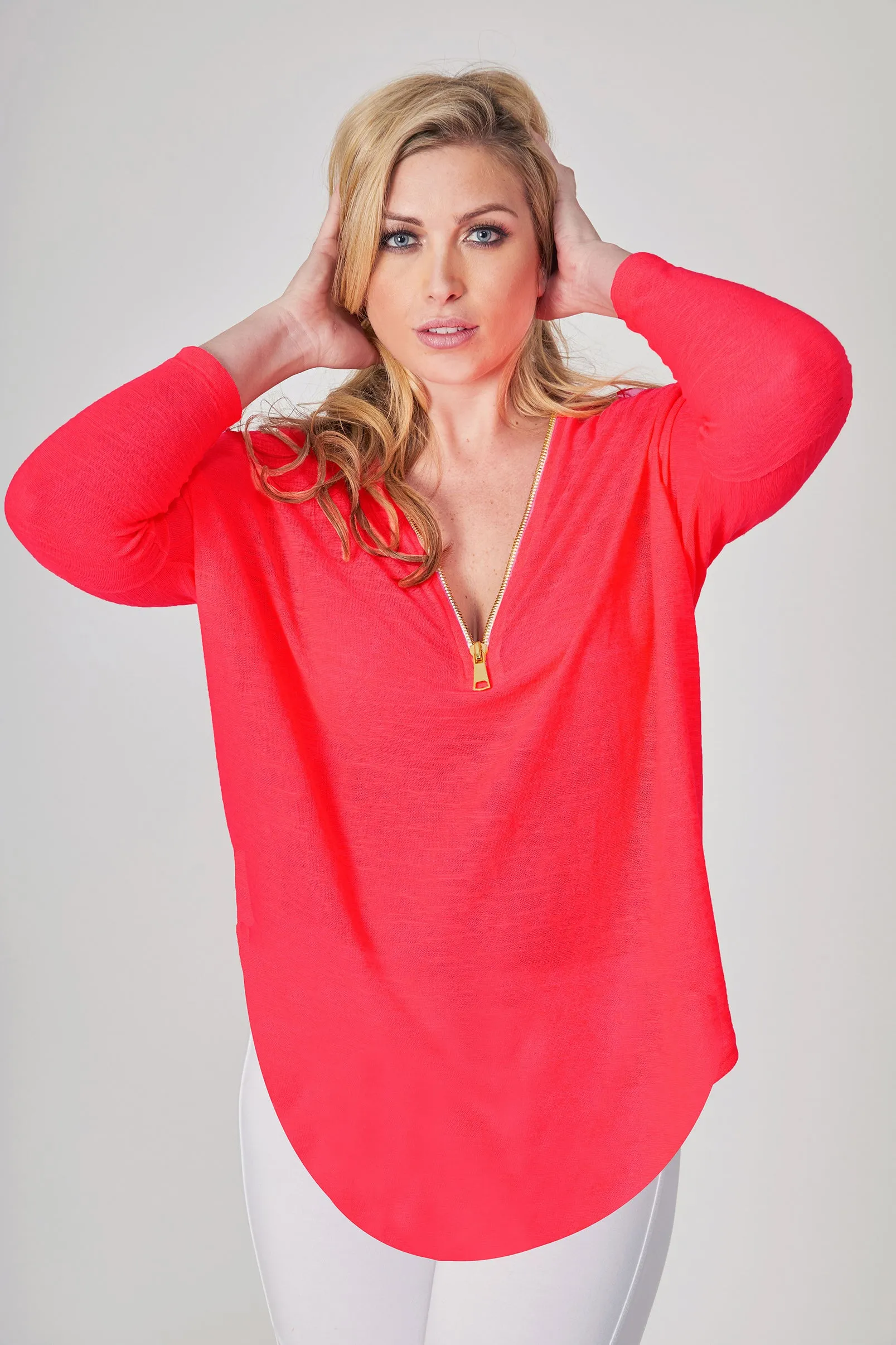 Yoga Long Sleeve Loose Top with Zip Magenta